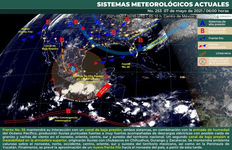 Se mantiene frente fr&iacute;o No. 55 producir&aacute; lluvias puntuales fuertes al sur del Golfo de M&eacute;xico