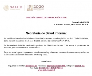 Desmiente SSA fallecimiento de paciente por coronavirus